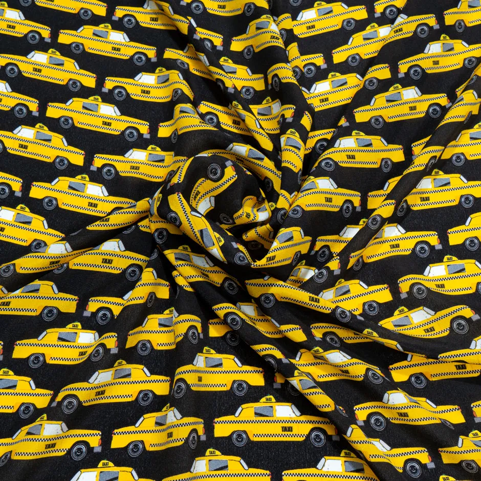 Yellow Taxi Cab Printed Black Silk Crêpe de Chine