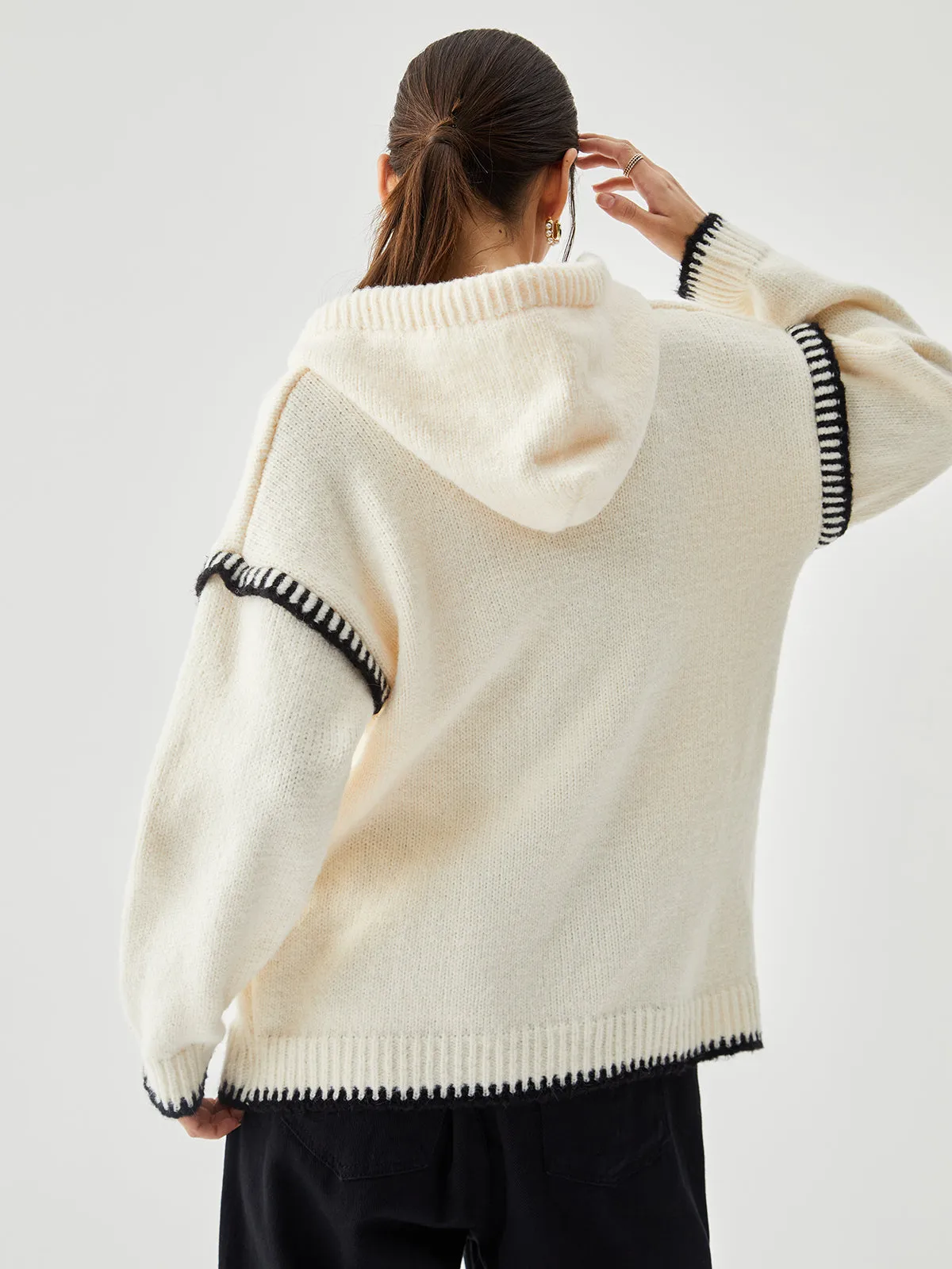 Zippered Hooded Graceful Contrast Trim Sweater